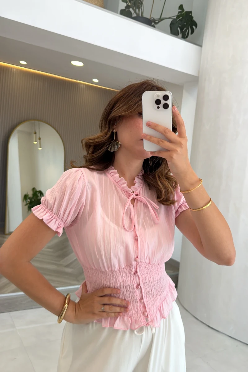 Beli Gipeli Balon Kol Gömlek - Pembe - Kod: 2298
