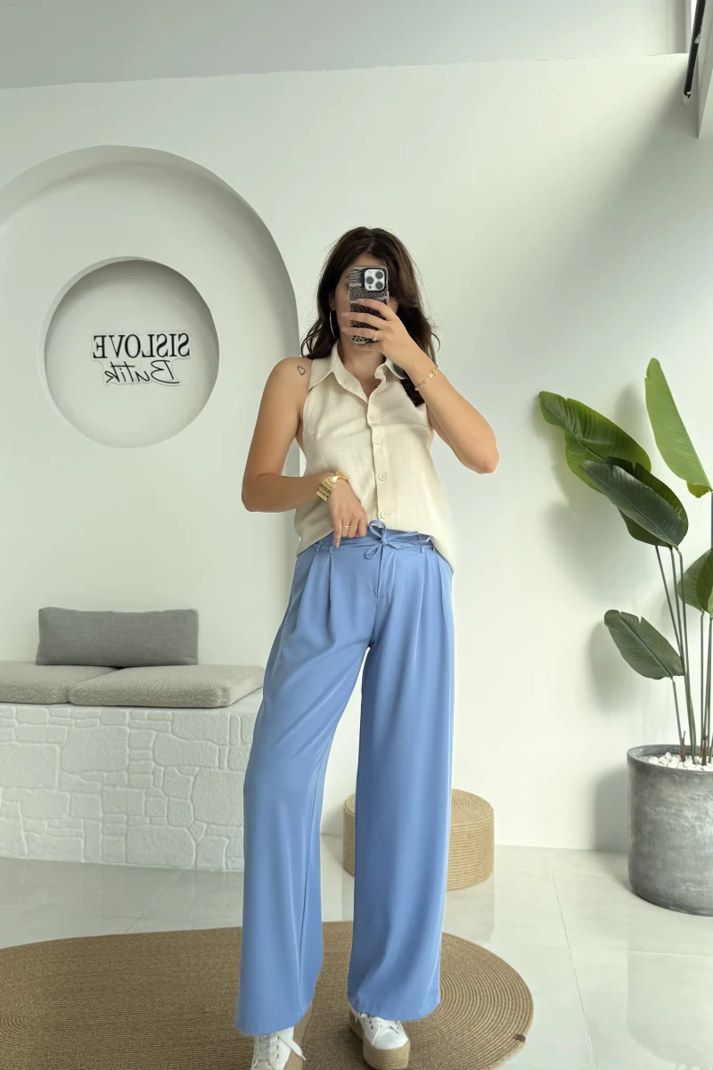 Beli İpli Pantolon - Mavi - 4019