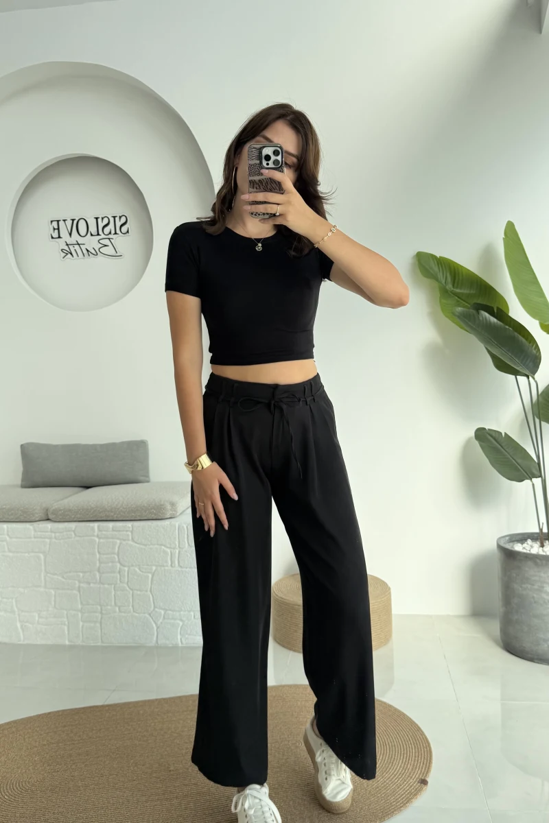 Beli İpli Pantolon - Siyah - 4019