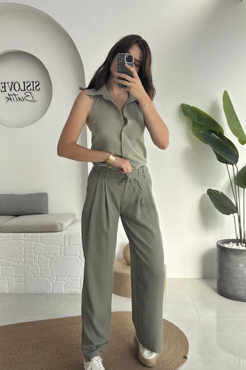 Beli İpli Pantolon - Yeşil - 4019
