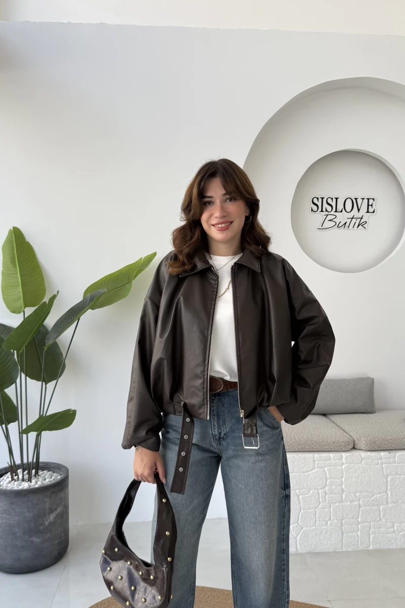 Beli Kemerli Deri Ceket - Kahve - Kod: 3137