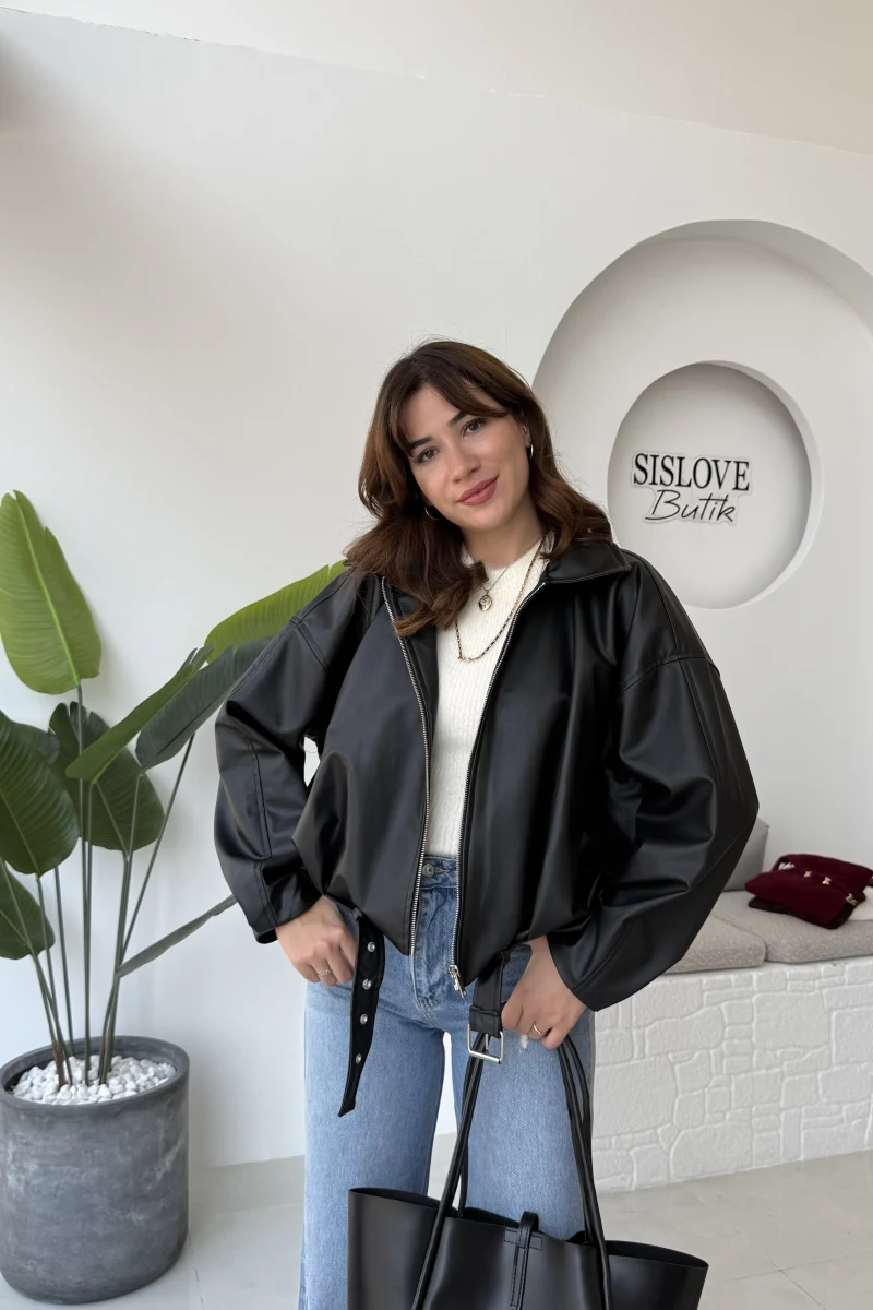 Beli Kemerli Deri Ceket - Siyah - Kod: 3137