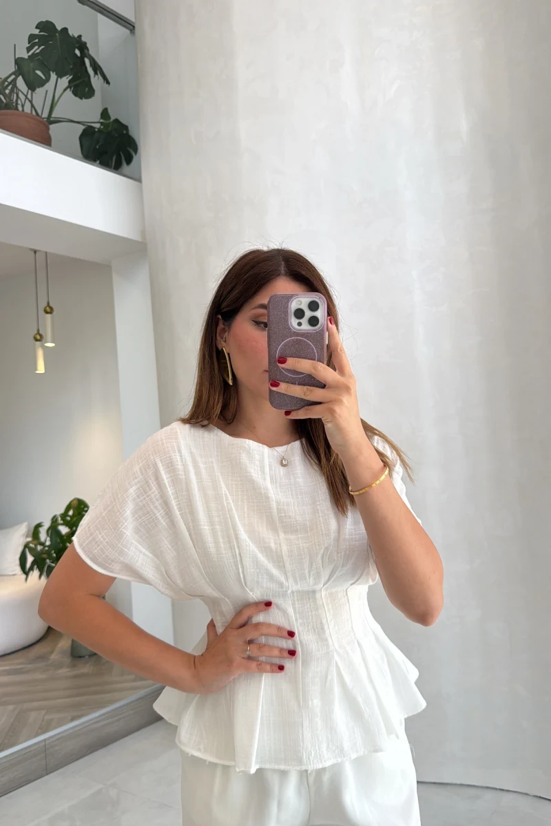 Beli Pileli Bluz - Beyaz - Kod: 1078