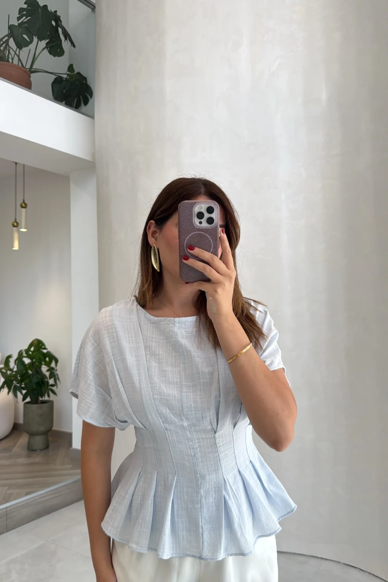 Beli Pileli Bluz - Mavi - Kod: 1078