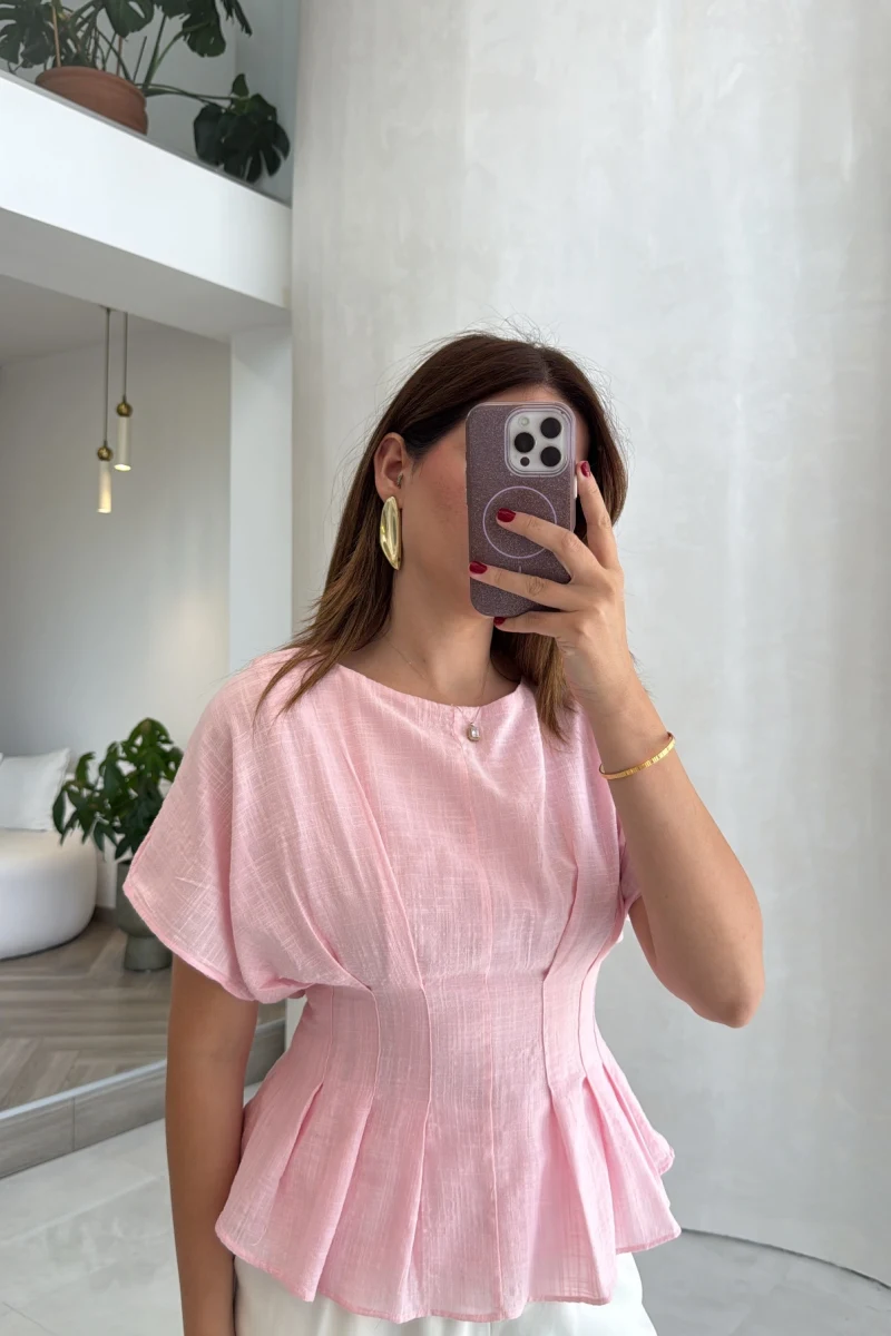 Beli Pileli Bluz - Pembe - Kod: 1078