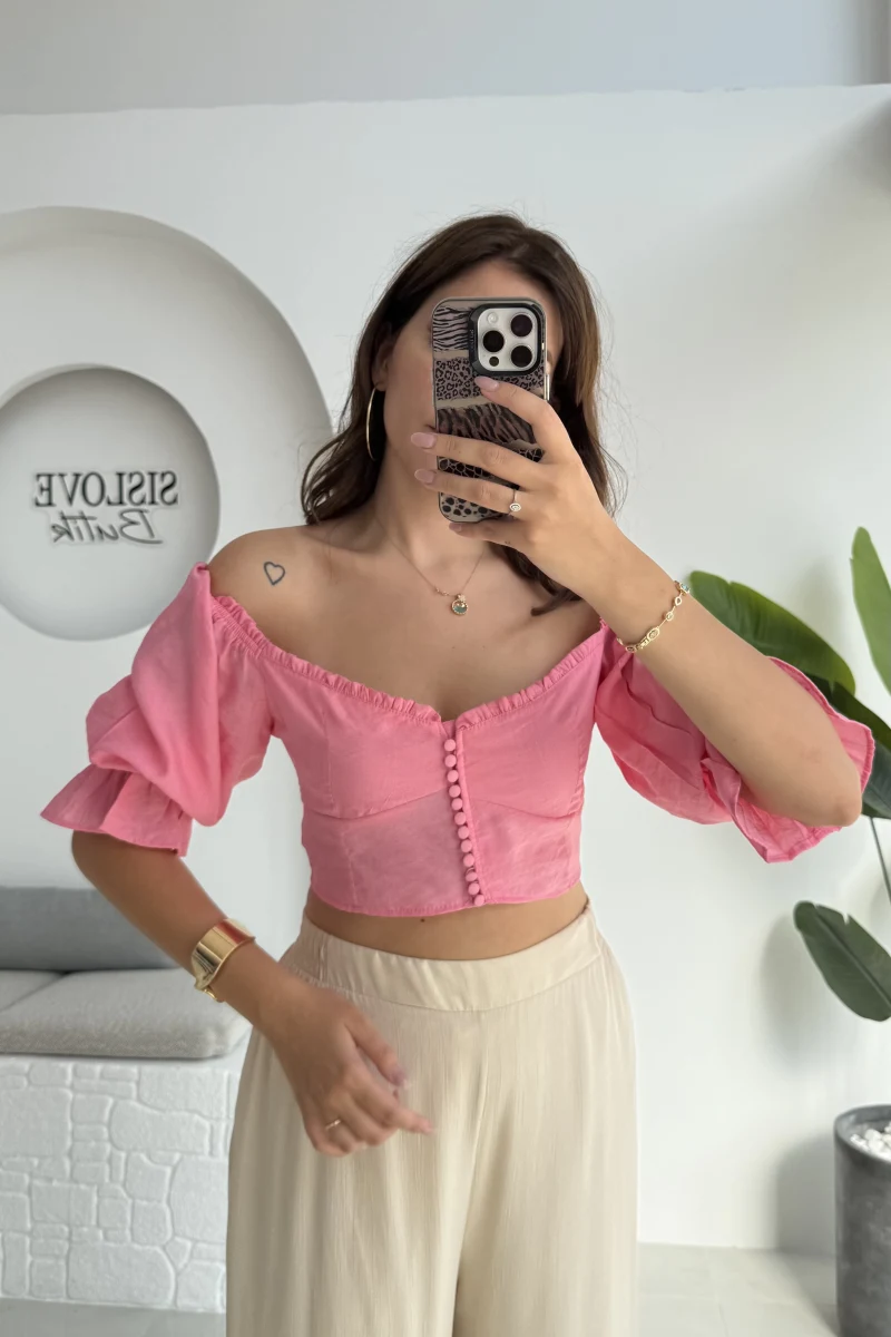 Belle Madonna Yaka Bluz - Şeker Pembesi - 2064