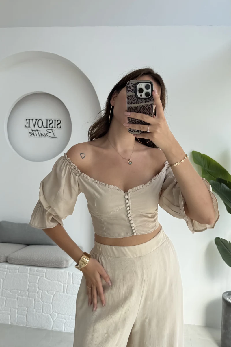 Belle Madonna Yaka Bluz - Taş - 2064