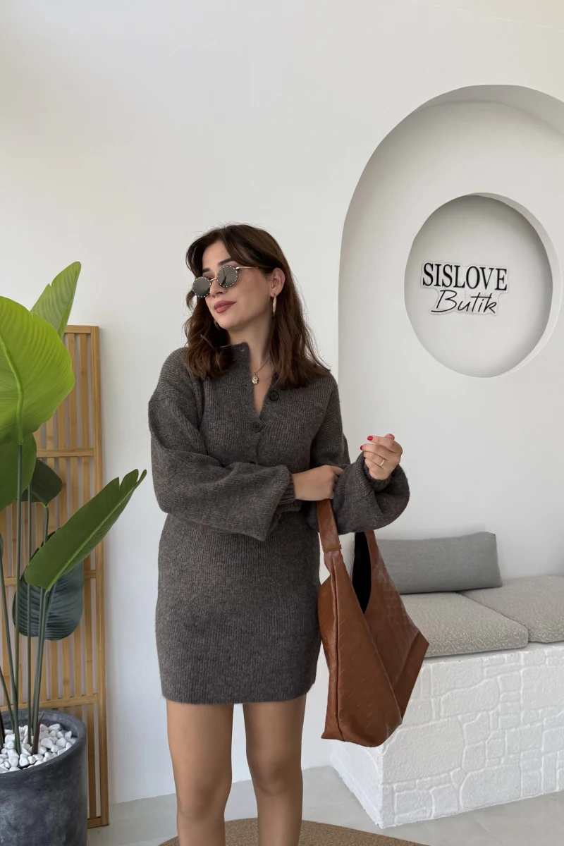 Bellina Triko Hırka Etek Takım - Kahve Vizon Tonları - Kod: 001