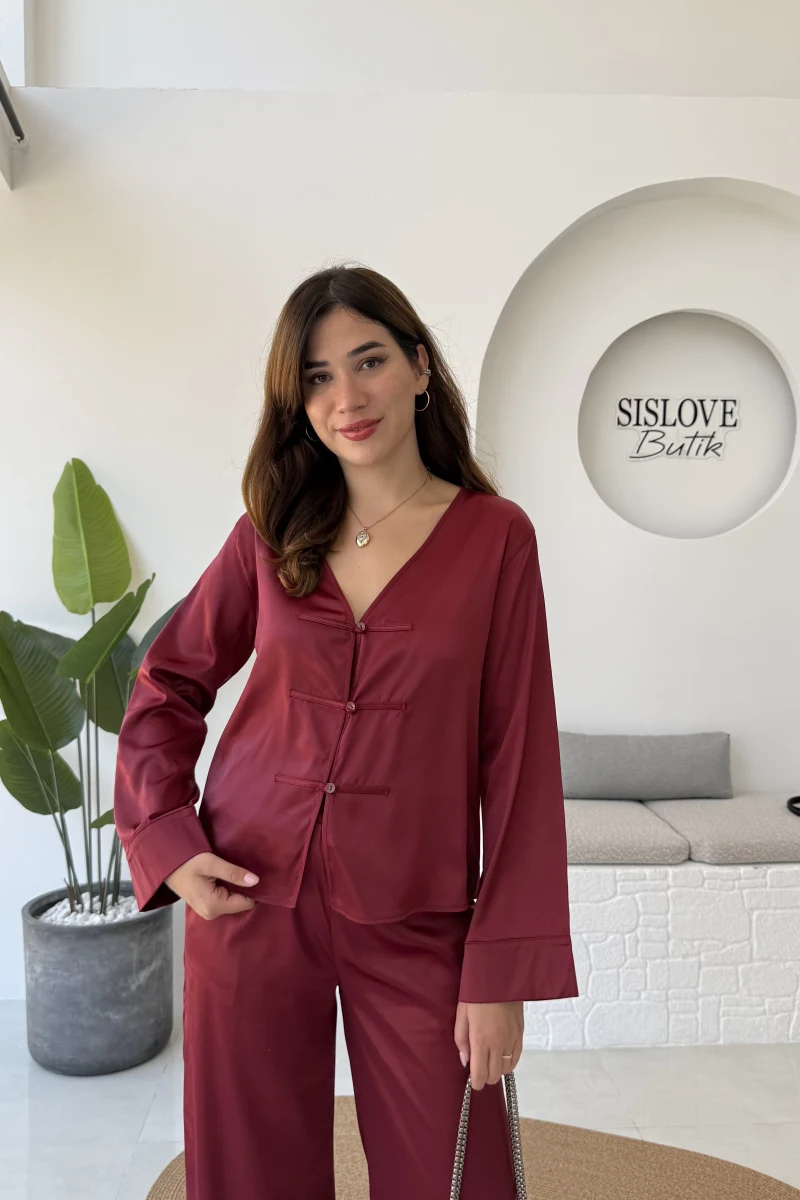 Bennet Serisi Saten Gömlek - Bordo - Kod: 2142