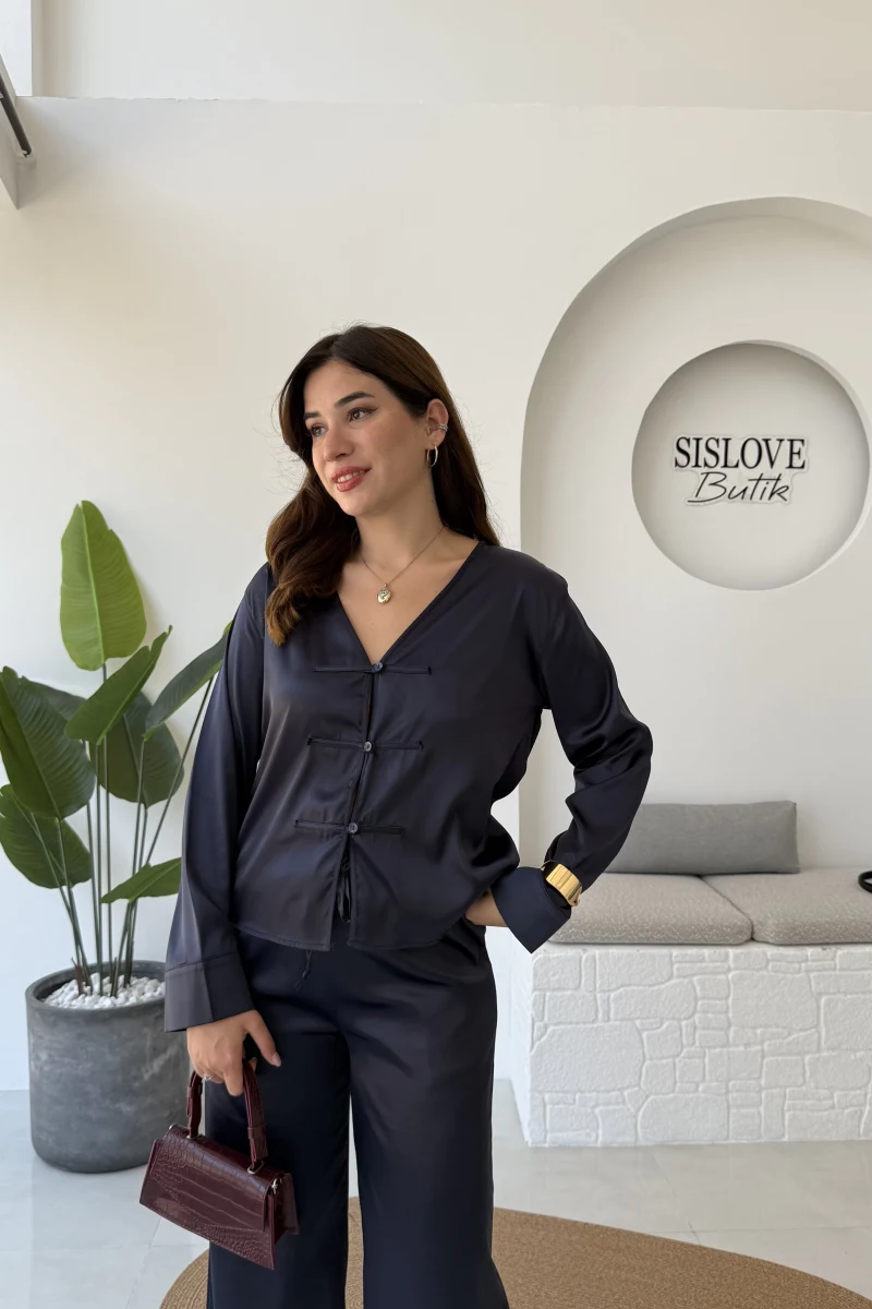 Bennet Serisi Saten Gömlek - Lacivert - Kod: 2142