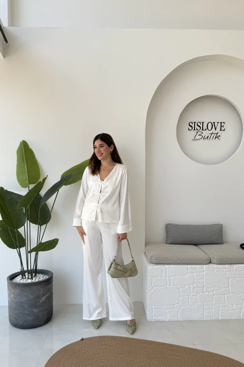 Bennet Serisi Saten Pantolon - Beyaz - Kod: 4027