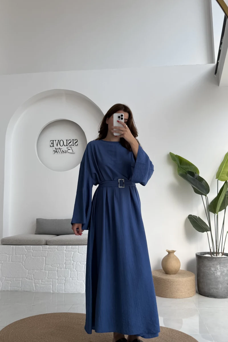 Berlin Kuşaklı Uzun Elbise - İndigo - 6031