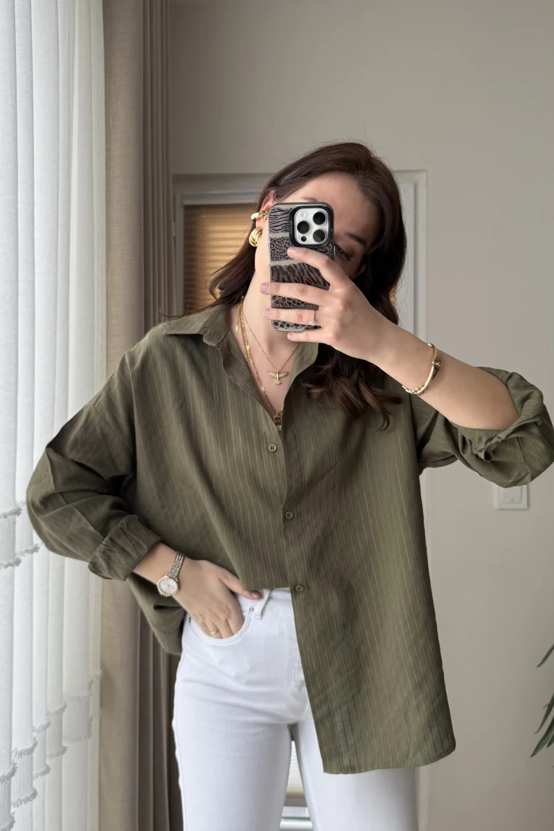 Berma Kendinden Çizgili Gömlek Haki