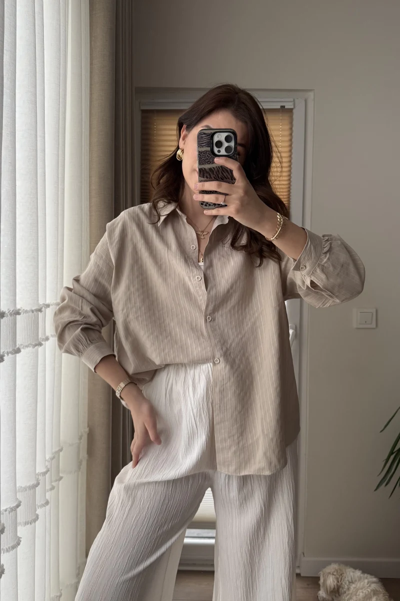 Berma Kendinden Çizgili Gömlek Krem