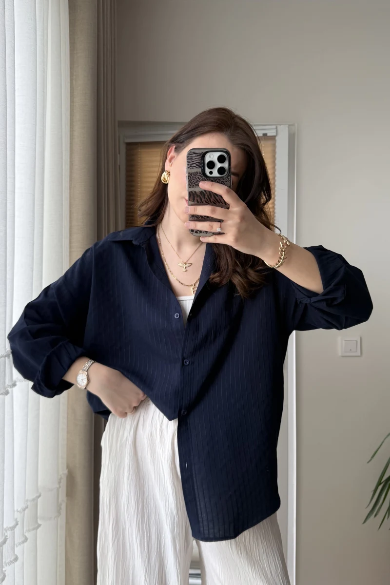 Berma Kendinden Çizgili Gömlek Lacivert