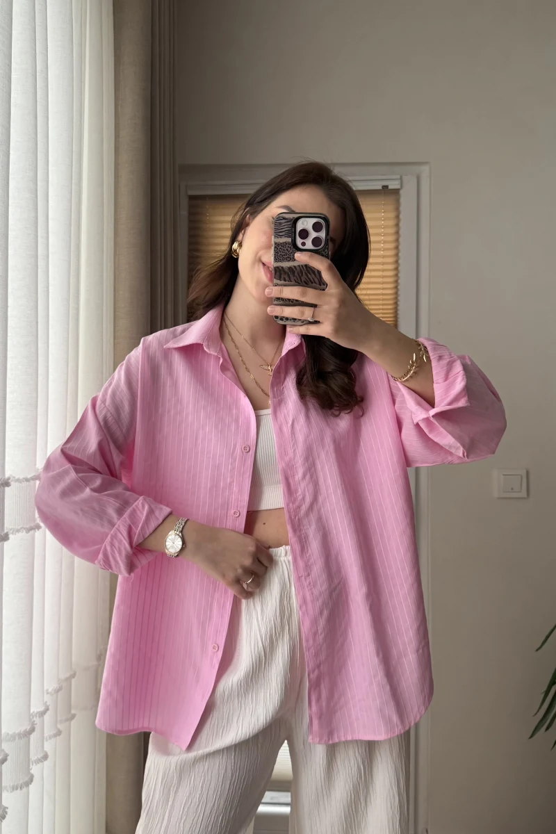 Berma Kendinden Çizgili Gömlek Pembe