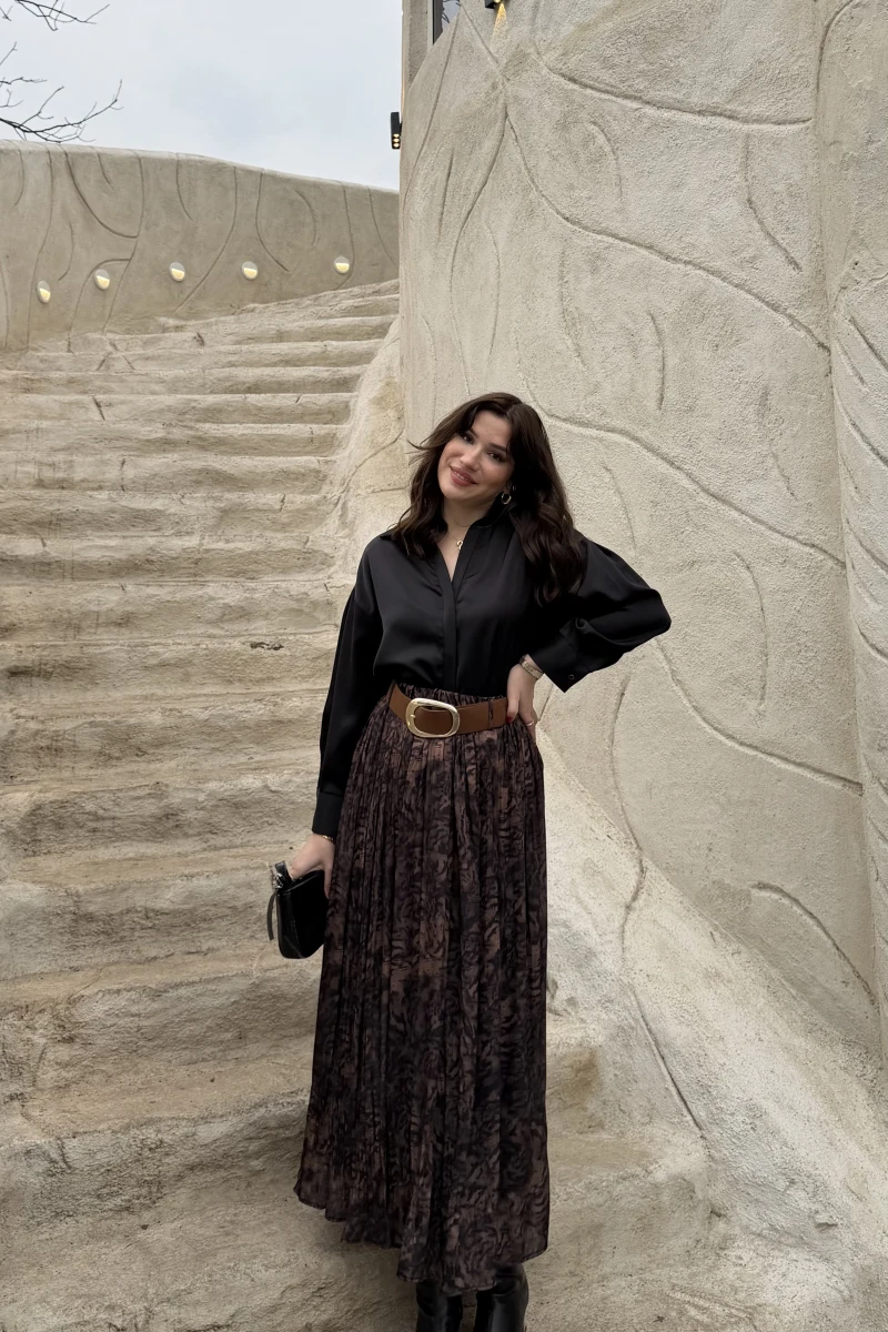 Berry Kemerli Desenli Piliseli Etek - Kahve - Kod: 3375