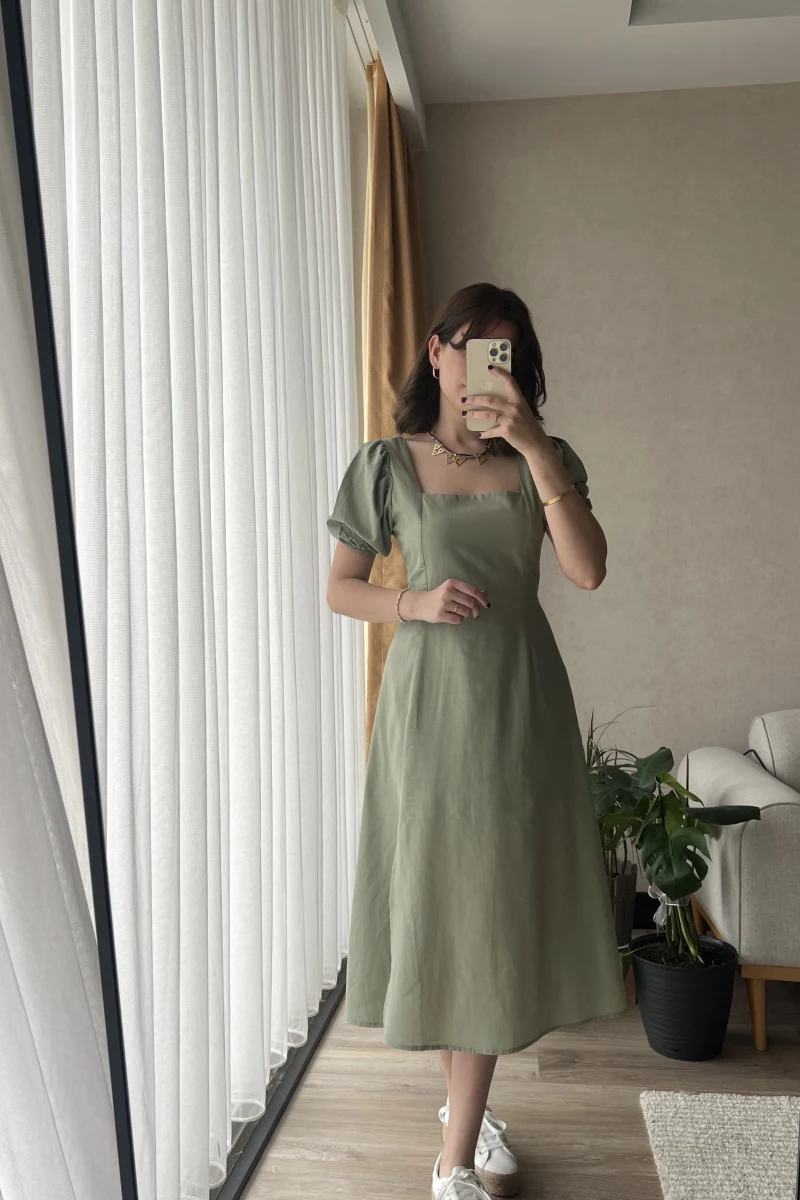 Betty Haki Sırtı Çapraz Keten Elbise