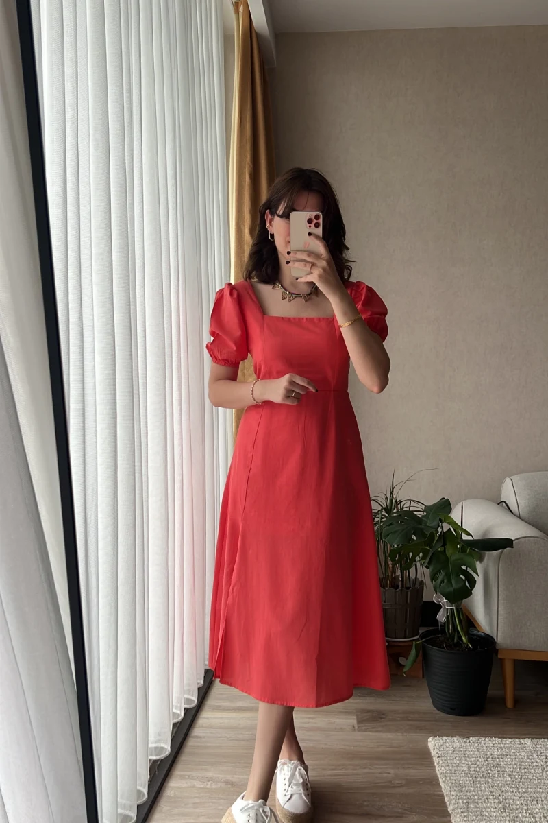 Betty Nar Çiçeği Sırtı Çapraz Keten Elbise