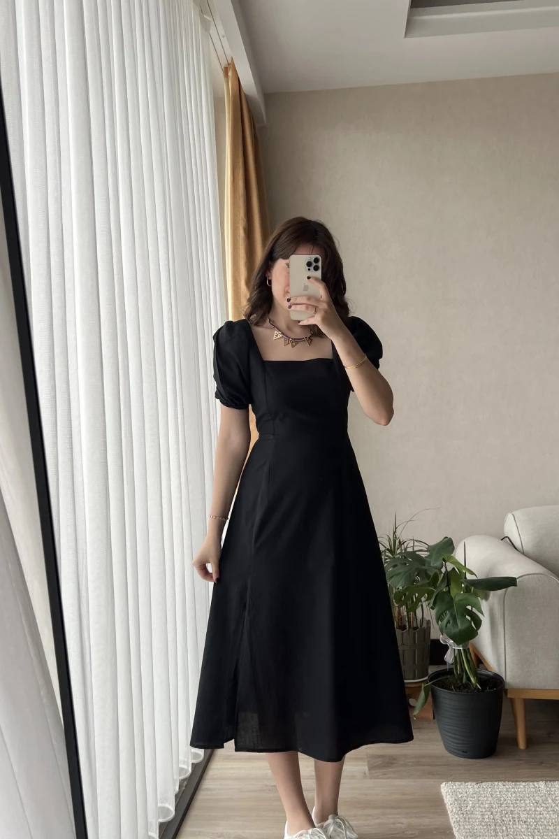 Betty Siyah Sırtı Çapraz Keten Elbise