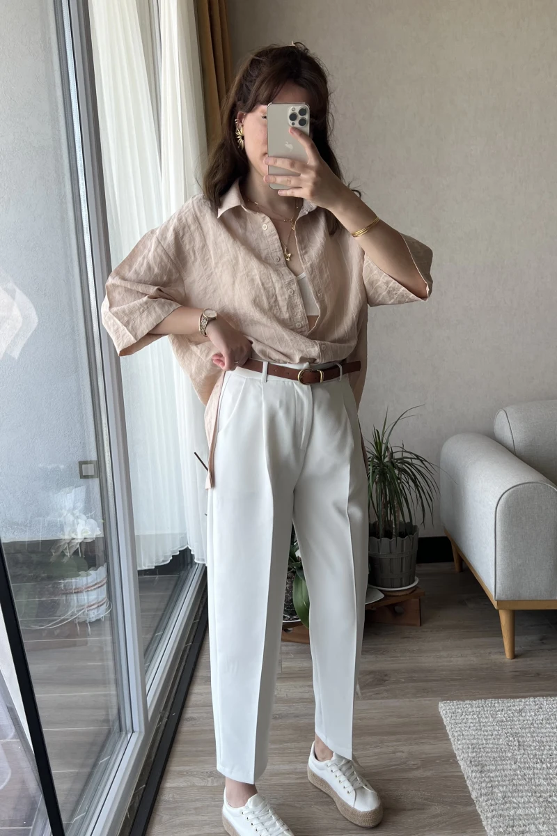 Beyaz Kemerli Pantolon