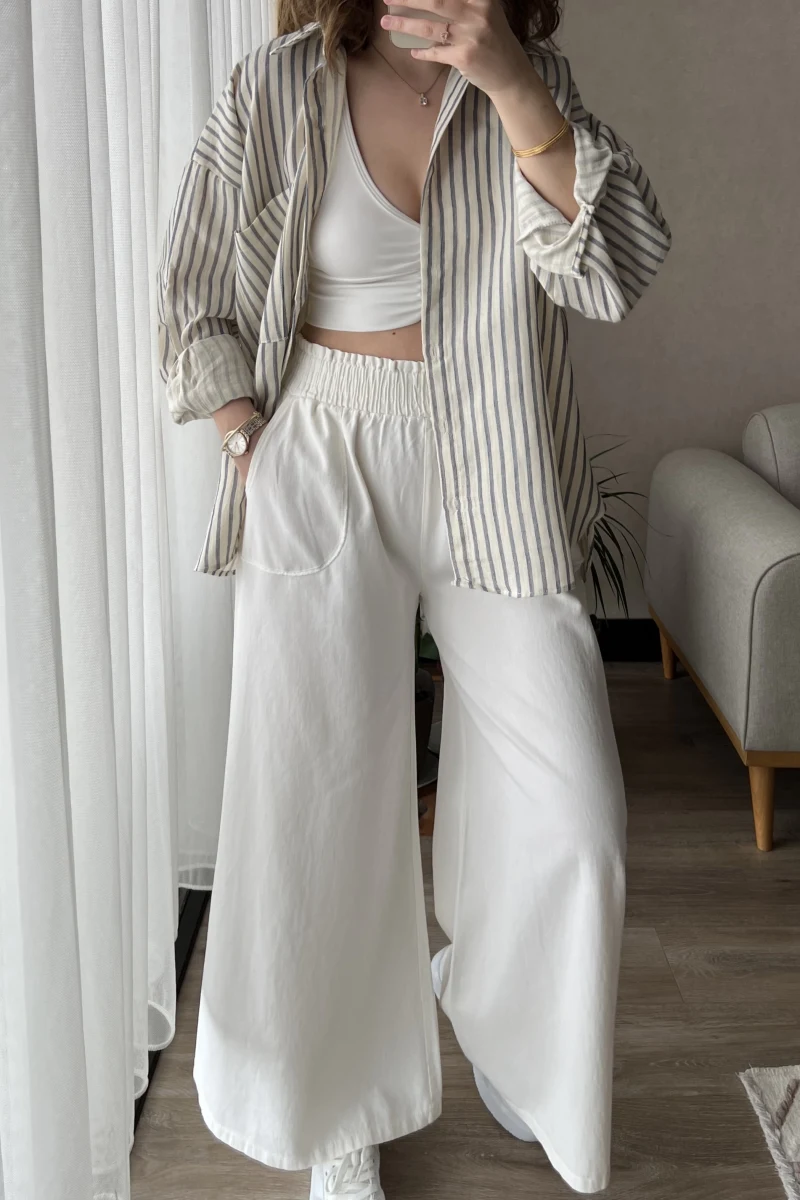 Beyaz Keten Palazzo Pantolon