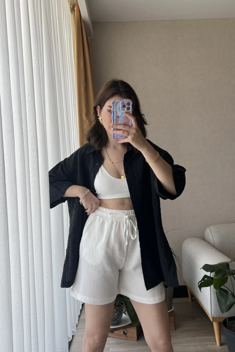 Beyaz Müslin Kumaş Lastikli Şort