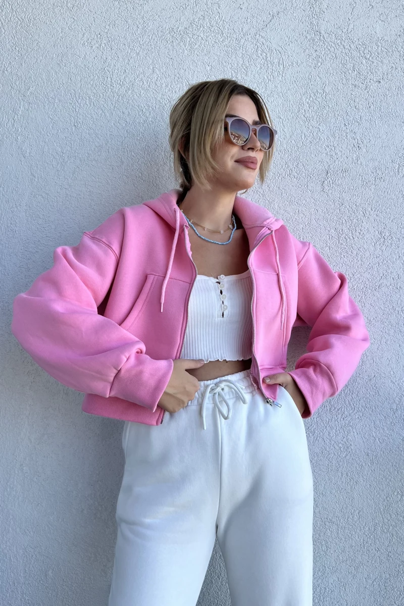 Biana Pembe Polarlı Kapüşonlu Hırka