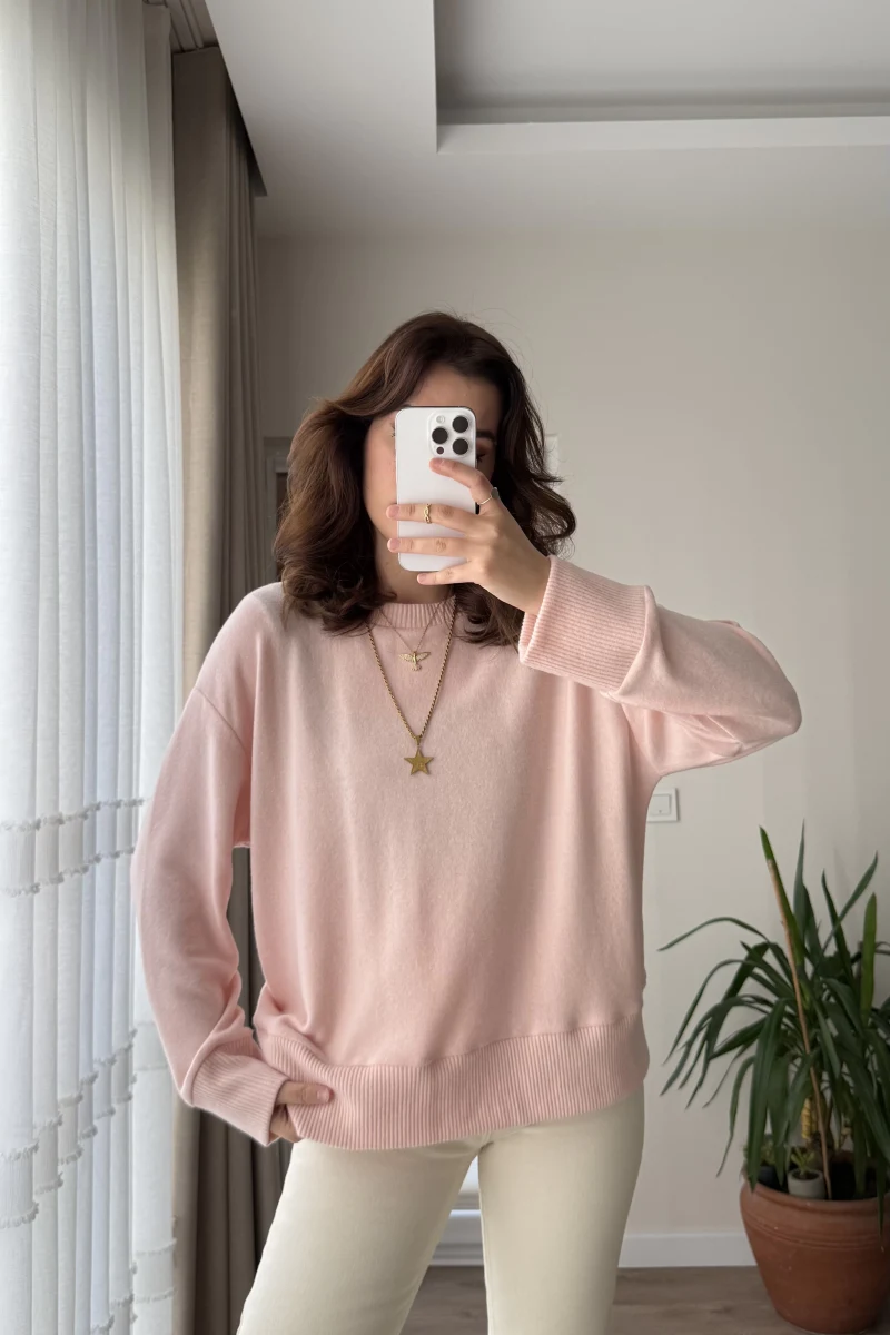 Bisiklet Yaka Pamuk Kumaş Sweatshirt Pudra Pembesi Rengi