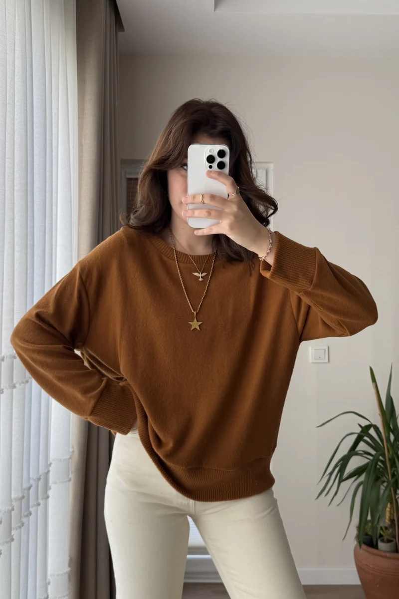 Bisiklet Yaka Pamuk Kumaş Sweatshirt Tarçın Rengi