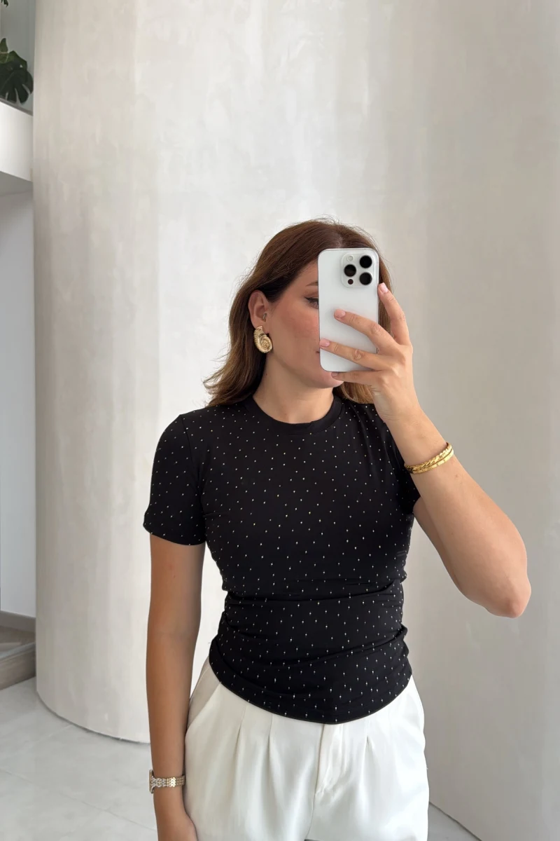 Bisiklet Yaka Taşlı T-shirt - Siyah - Kod: 1598
