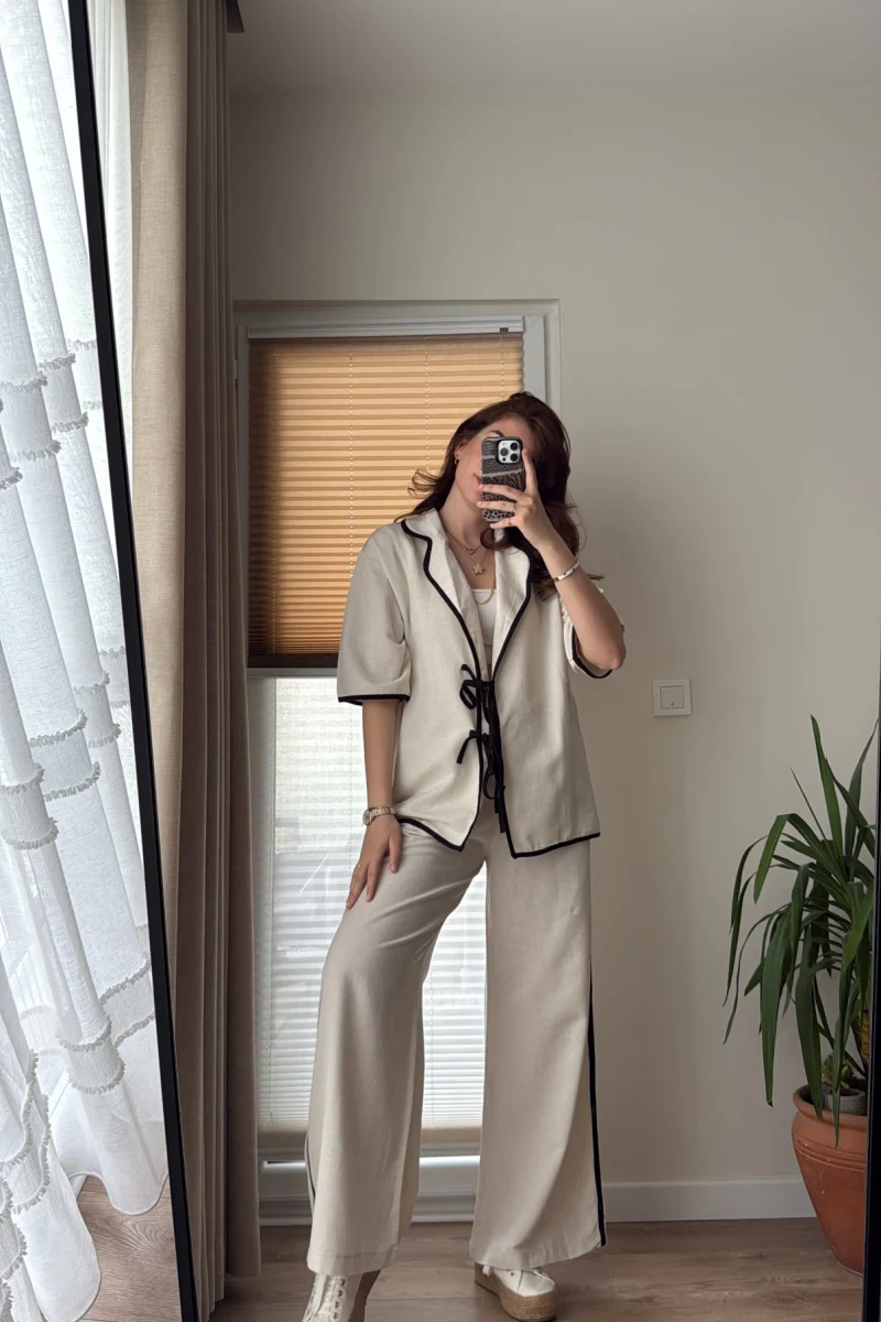 Biye Detaylı Keten Takım Krem