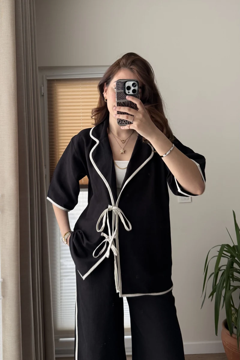 Biye Detaylı Keten Takım Siyah