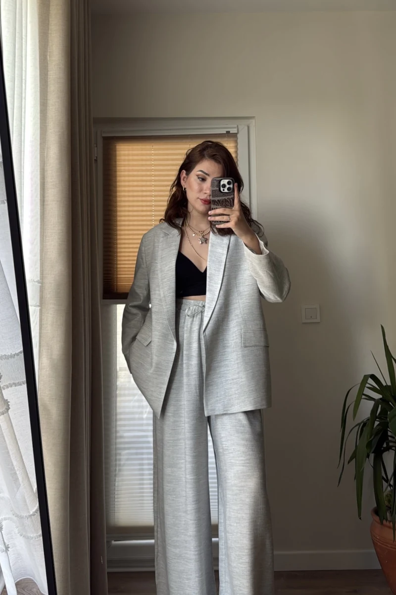 Ultra Premium Blazzer Gri Oversize Takım