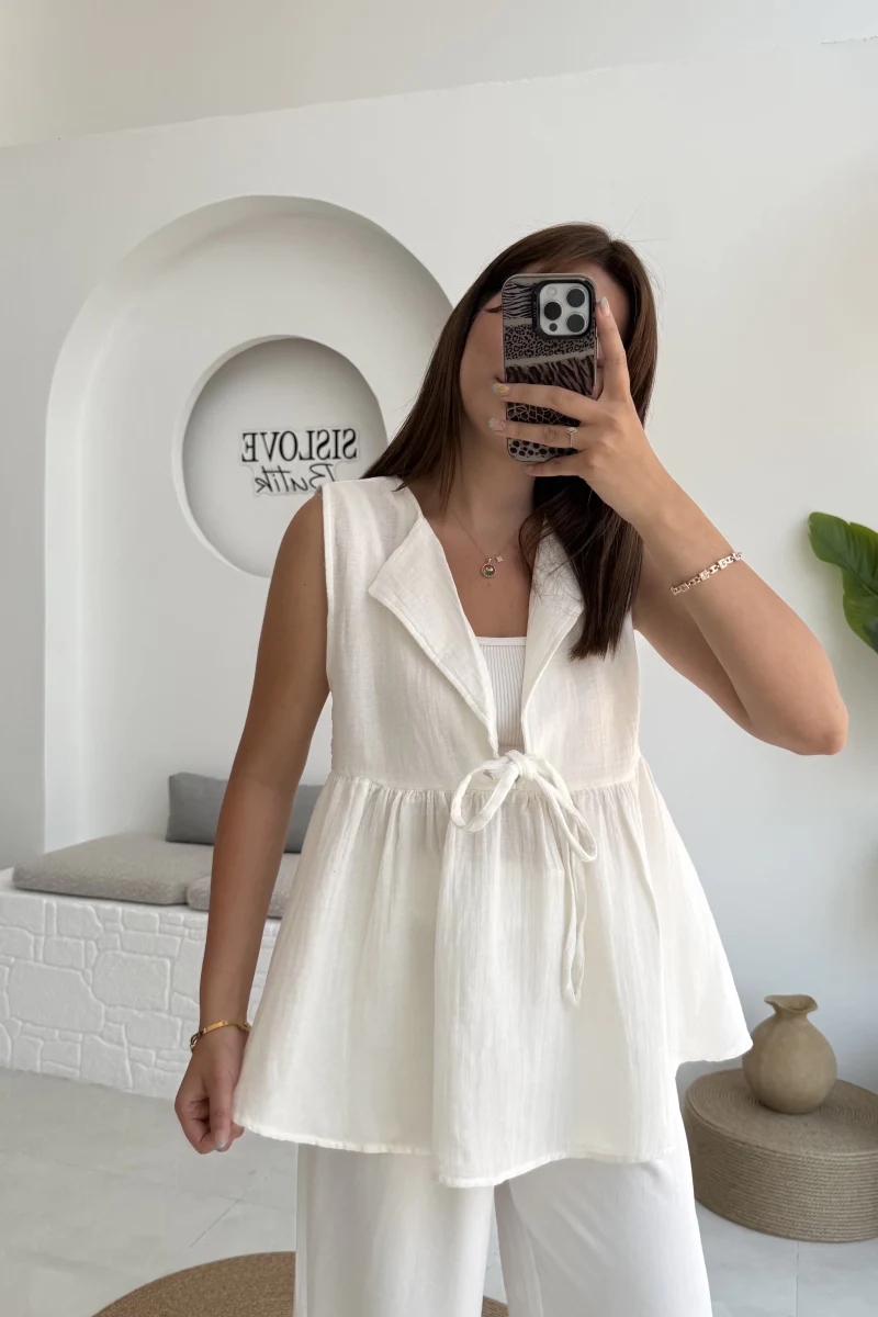 V Yaka Bağcıklı Bluz-1012-Ekru