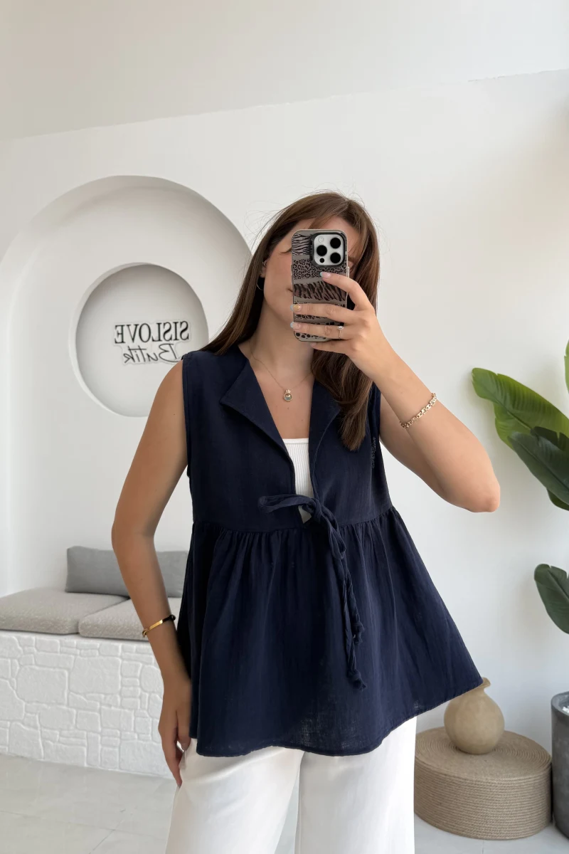 V Yaka Bağcıklı Bluz-1012-Lacivert