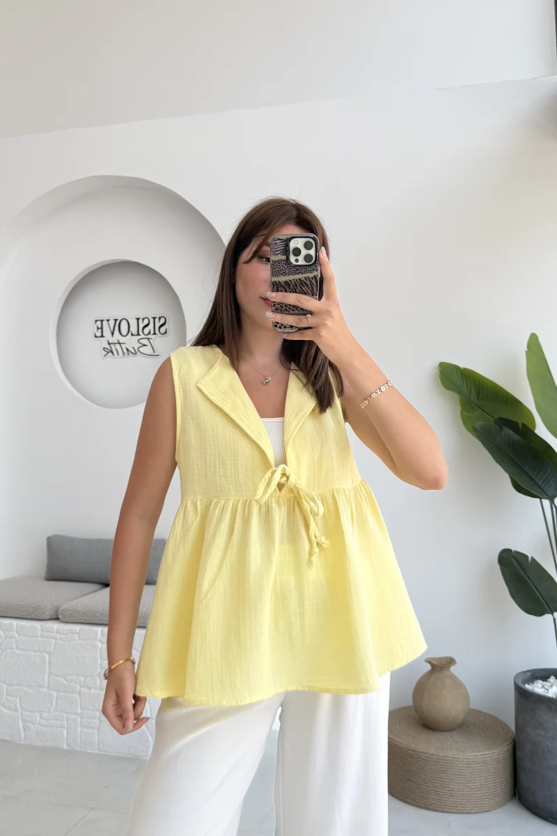 V Yaka Bağcıklı Bluz-1012-Sarı