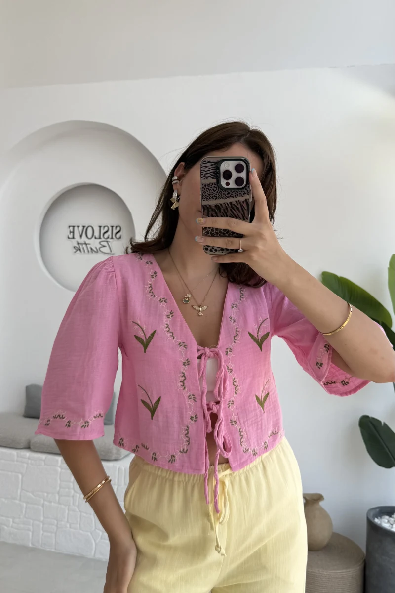 Bodrum Bluz Müslin Kumaş Nakış Detay - Pembe