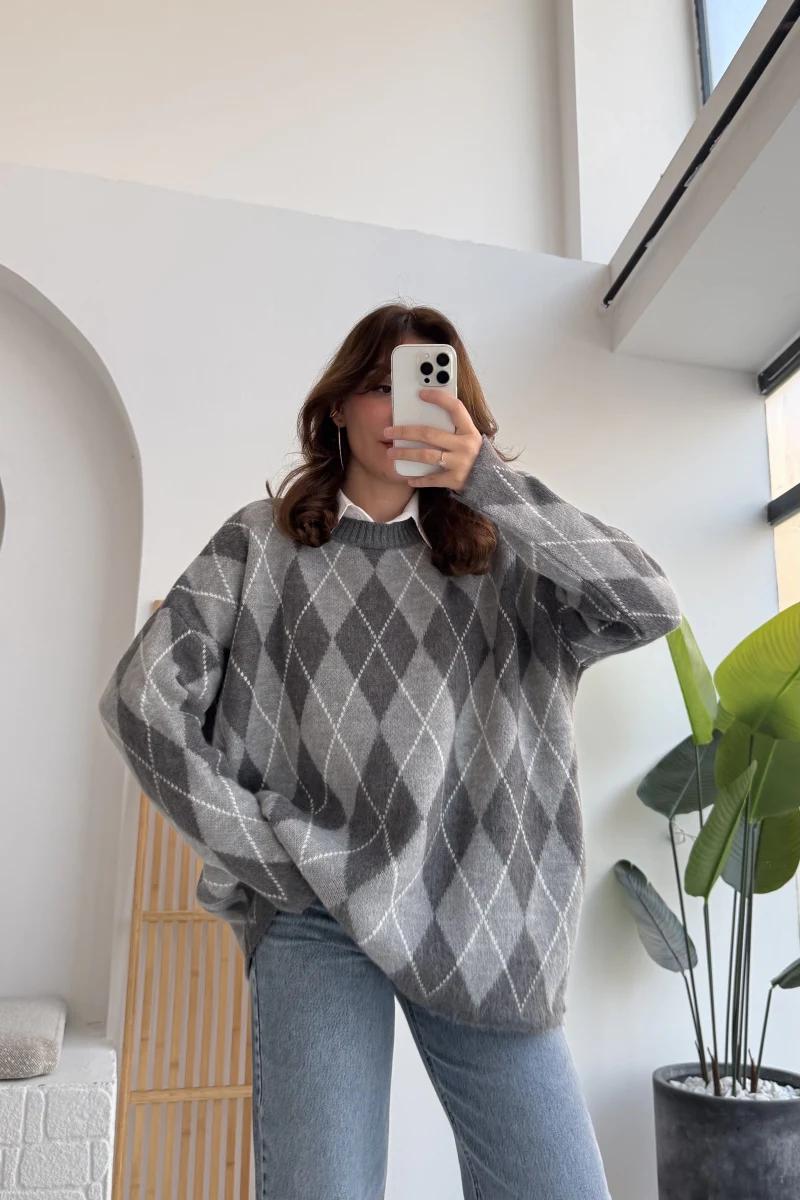 Bol Kesim Bisiklet Yaka Baklava Kazak - Gri-Antrasit