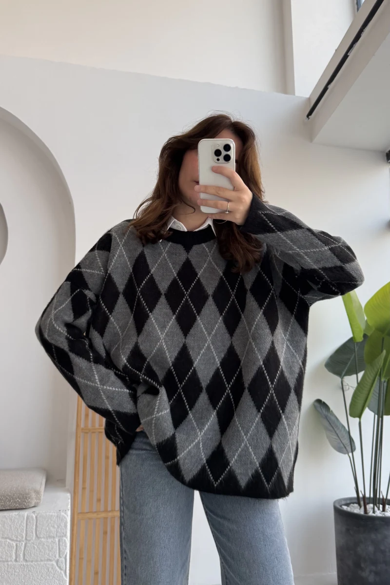 Bol Kesim Bisiklet Yaka Baklava Kazak - Siyah-Antrasit