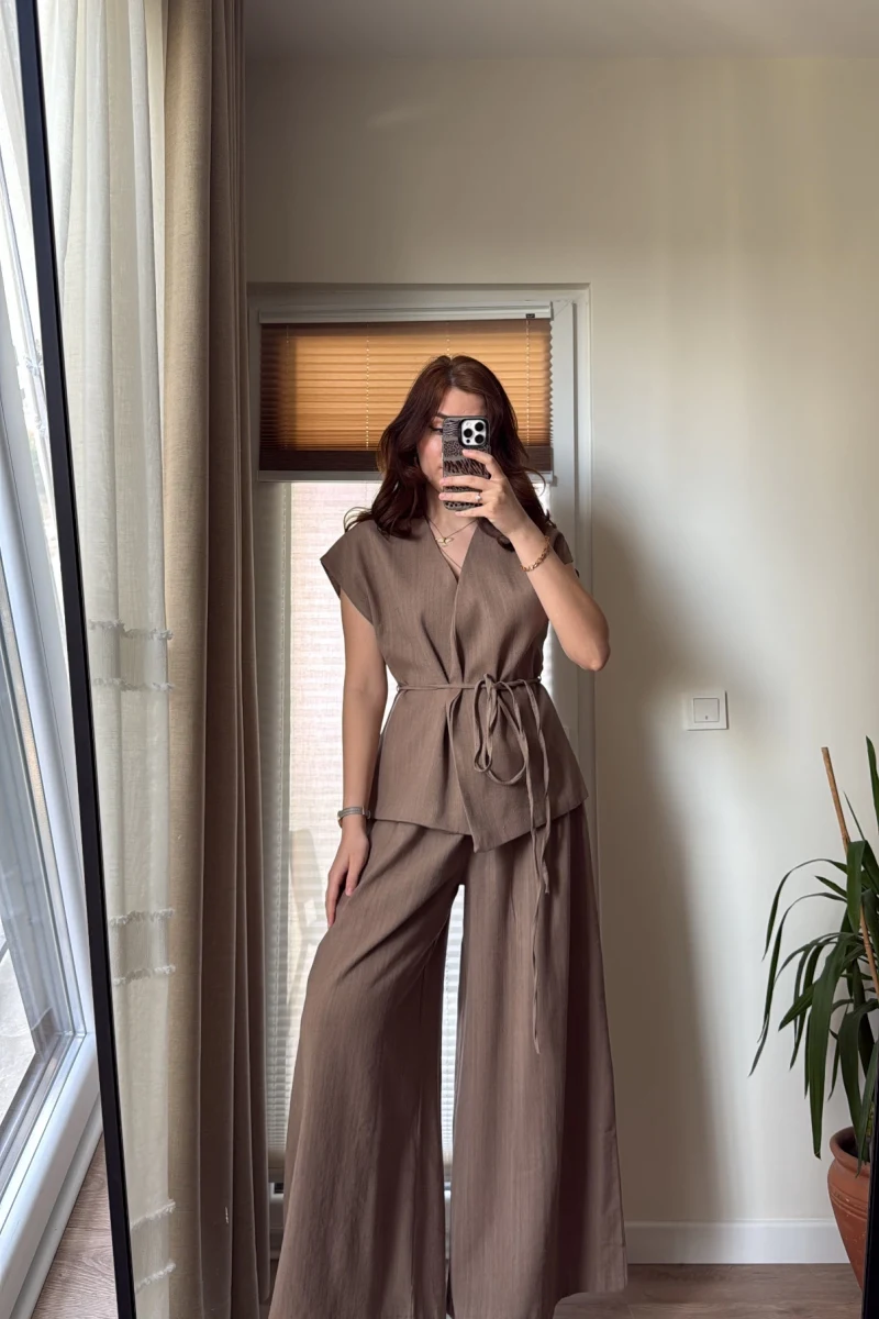 Bol Paça Pantolon Yelek Takım - Kahve