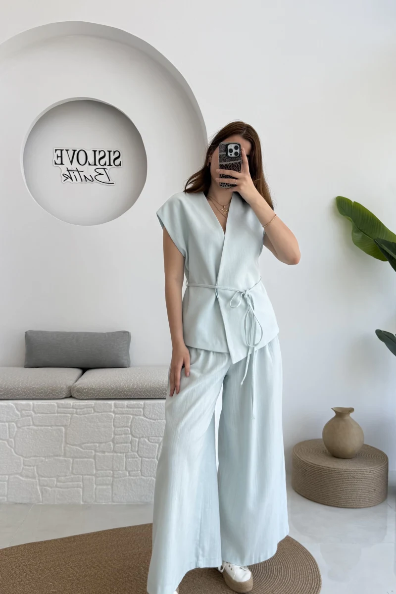 Bol Paça Pantolon Yelek Takım - Mavi