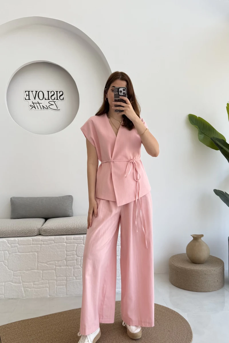 Bol Paça Pantolon Yelek Takım - Pembe