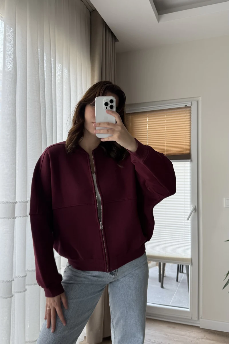 Bomber Şardonlu Hırka Bordo