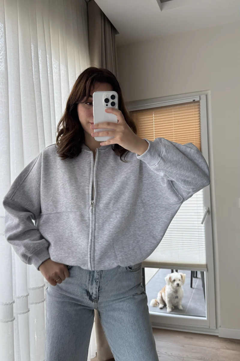 Bomber Şardonlu Hırka Gri