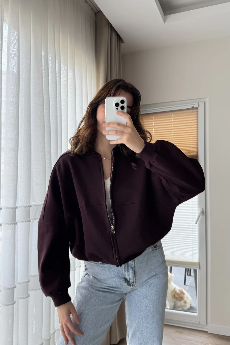 Bomber Şardonlu Hırka Mürdüm