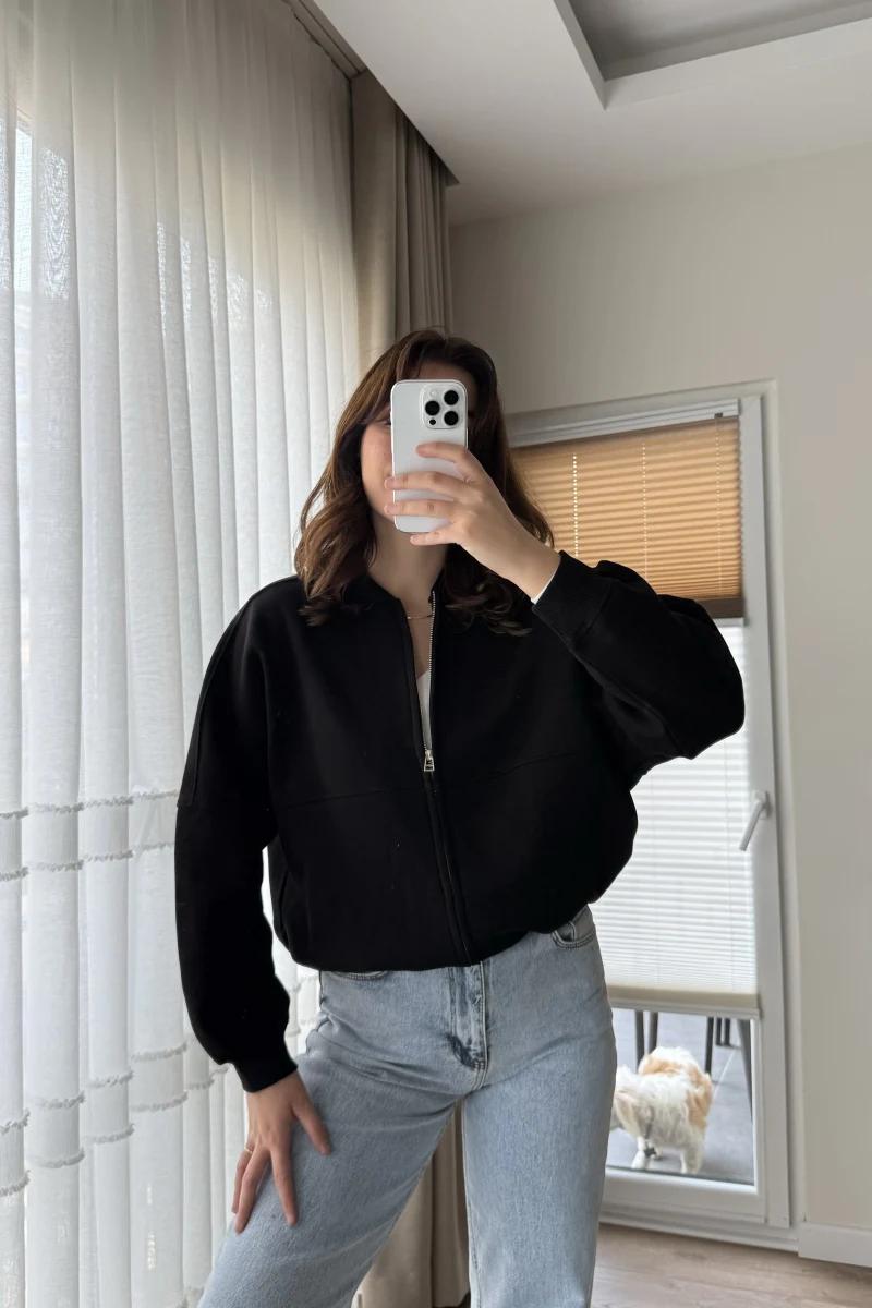 Bomber Şardonlu Hırka Siyah