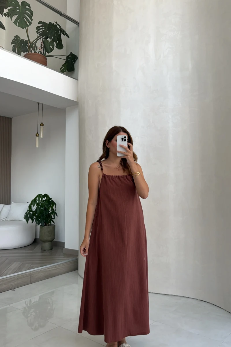 Boncuk Askılı Elbise - Kiremit - Kod: 2239