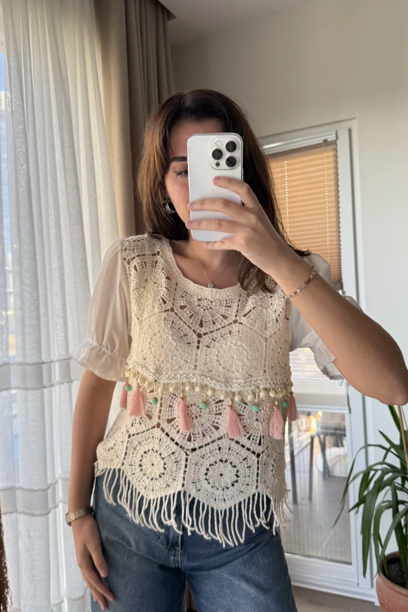 Boncuk Detay Triko Bluz