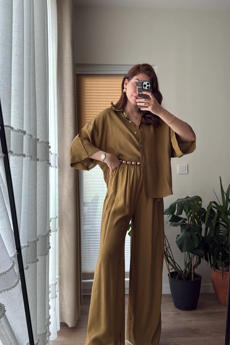 Boncuk Kemer Gömlek Pantolon Takım - Haki